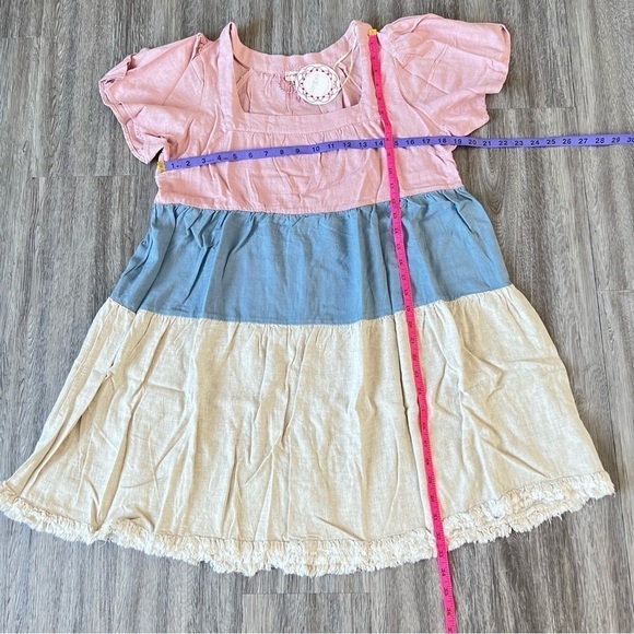 🆕 Umgee Linen Blend Colorblock Square Neckline Short Sleeve Dress Frayed Hem - Picture 6 of 7